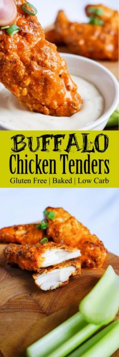 Keto Chicken Tenders Dipped in Tangy Buffalo Sauce