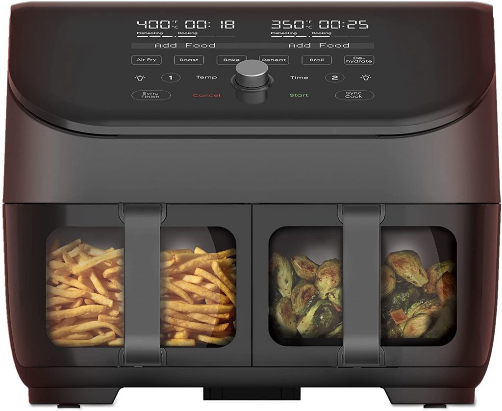 TRU Dual Zone, 2-Basket Air Fryer by Select Brands - Dual Basket Air Fryer  with Smart Finish Technology - Double Basket Air Fryer to Cook Fries, Meat